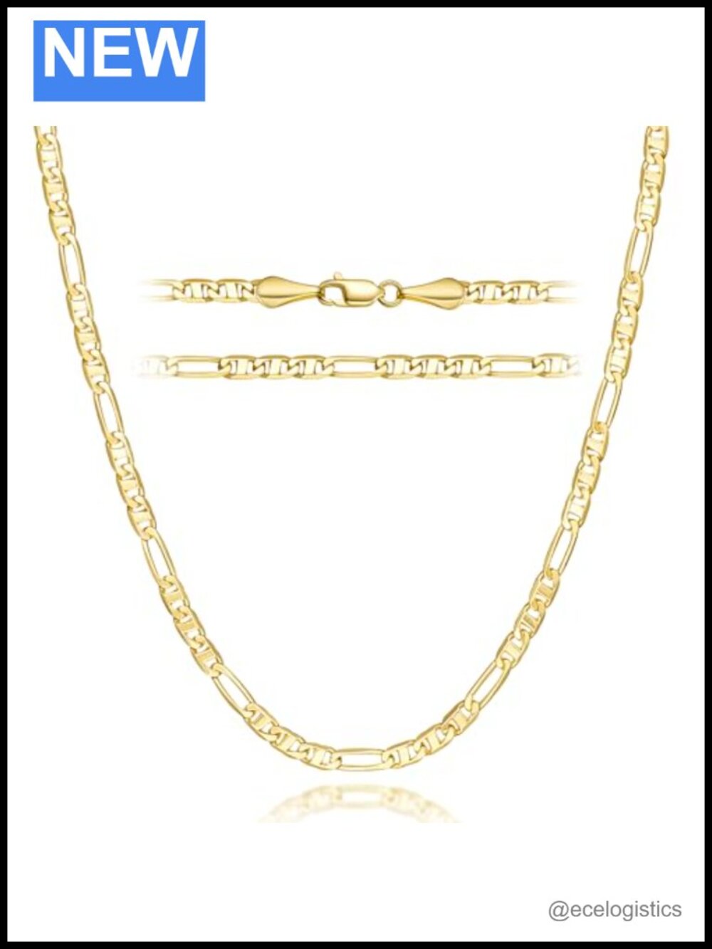 14K Gold Plated Figaro Mariner Chain Necklace 18in 3mm
